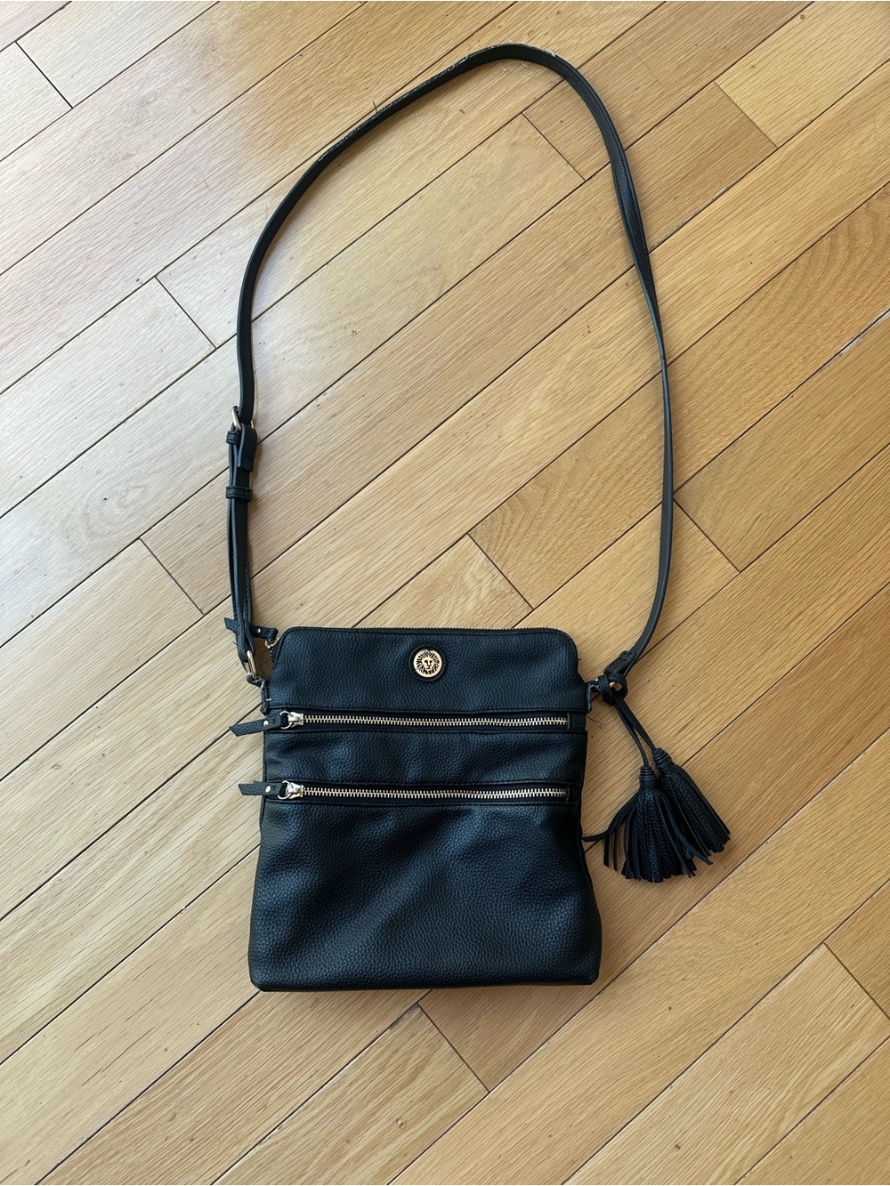 Anne Klein Black Leather Crossbody Bag with Tassels